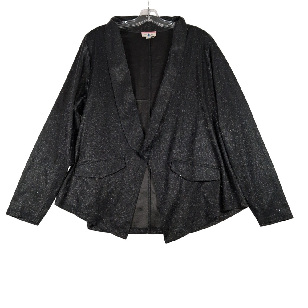 Andree by Unit Womens 1X Black Metallic Shimmer Open Front Shawl Blazer P19796